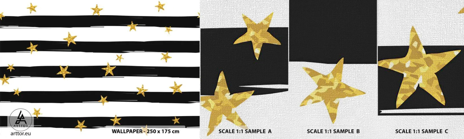 Fotótapéta Minta Premium Canvas - Mindannyian szerencsés csillag alatt születtünk - Grafika, Arany csillag, Fekete-fehér csíkok - 100x30 cm