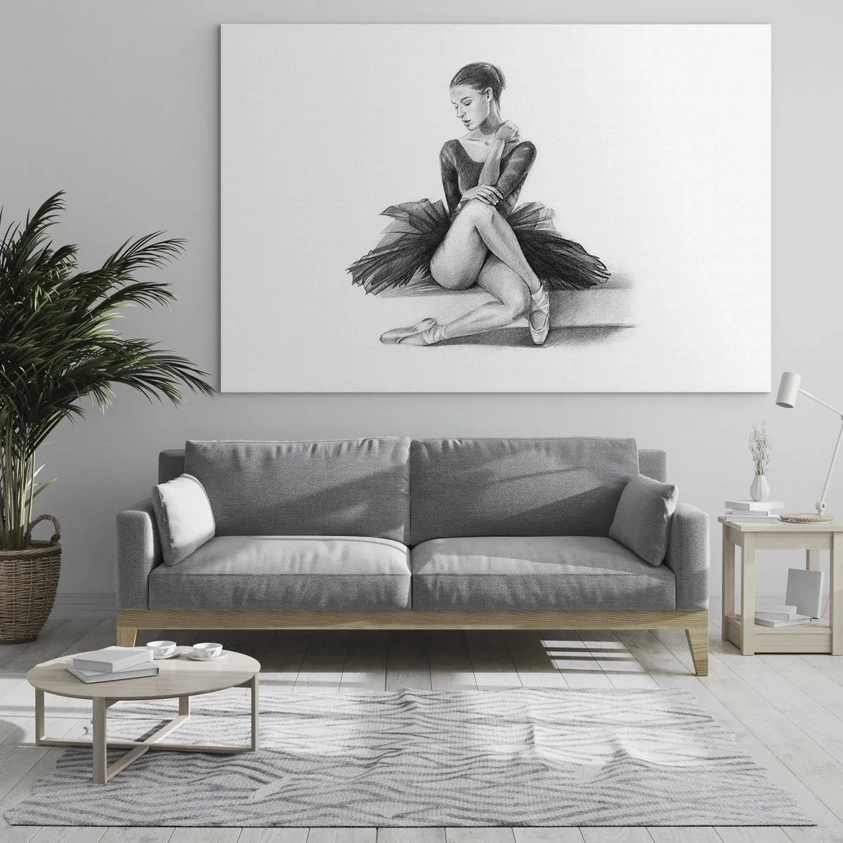 Üveg kép - Vázlat egy balerináról fekete ruhában, töprengő pózban - 70x50cm - A tánccal elvarázsolva - Modern fali dekoráció nappalihoz és hálószobához ARTTOR