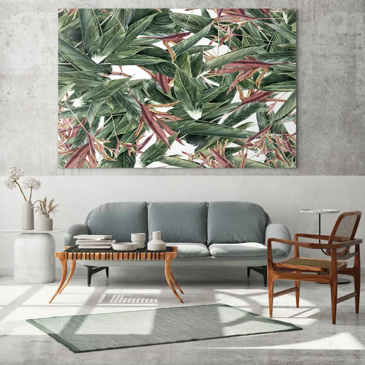 Üveg kép - Zöld és bordó árnyalatú levelek világos háttéren - 70x50cm - Smaragd-lila bozót - Modern fali dekoráció nappalihoz és hálószobához ARTTOR