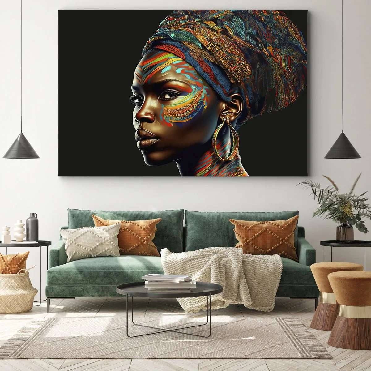 Vászonkép - Portré egy nőről színes mintával és turbánnal - 70x50cm - Afrikai királynő - Modern fali dekoráció nappalihoz és hálószobához ARTTOR