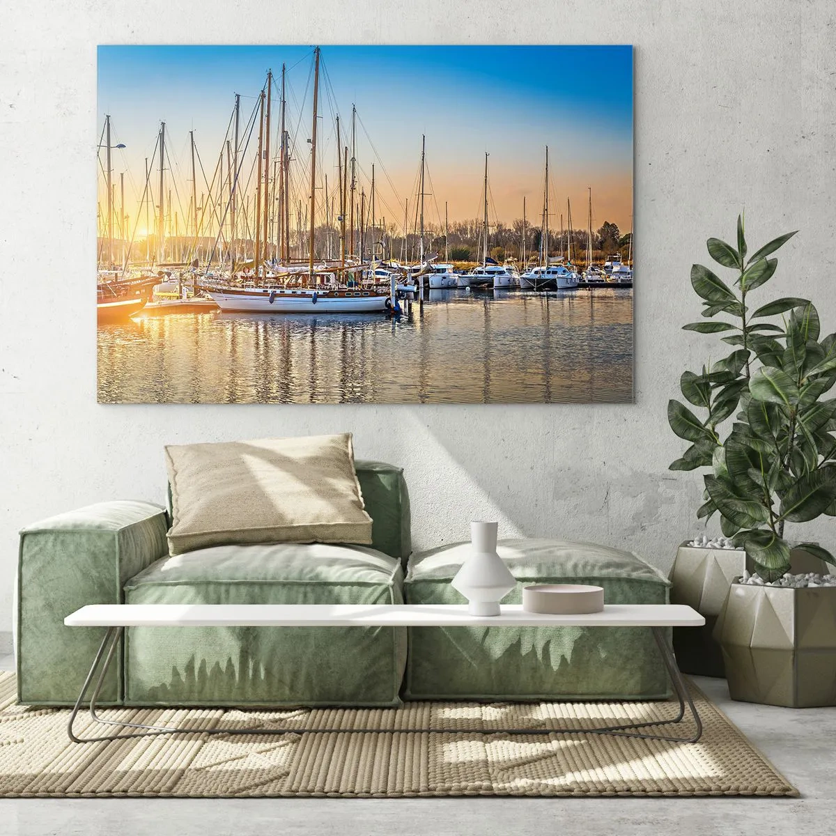 Üveg kép - Vitorlásokkal teli kikötő a lenyugvó nap fényében - 70x50cm - A szél is kell aludjon - Modern fali dekoráció nappalihoz és hálószobához ARTTOR