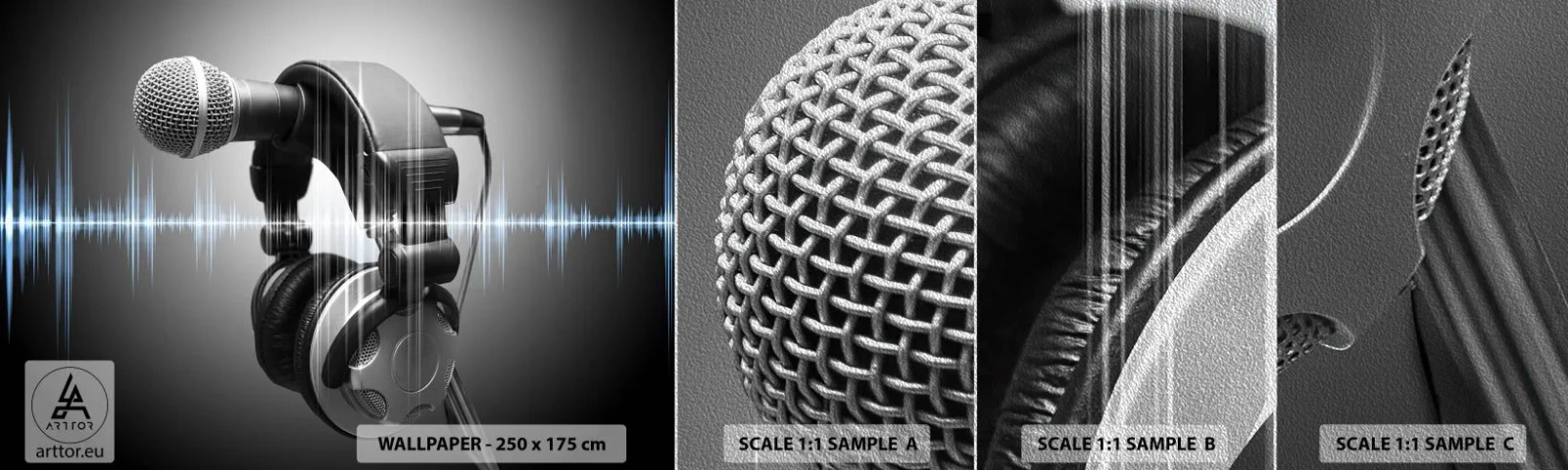 Fotótapéta Minta Premium Sand - Még mindig hallani az éneket - Mikrofon, Zenei fejhallgató, Zene - 100x30 cm