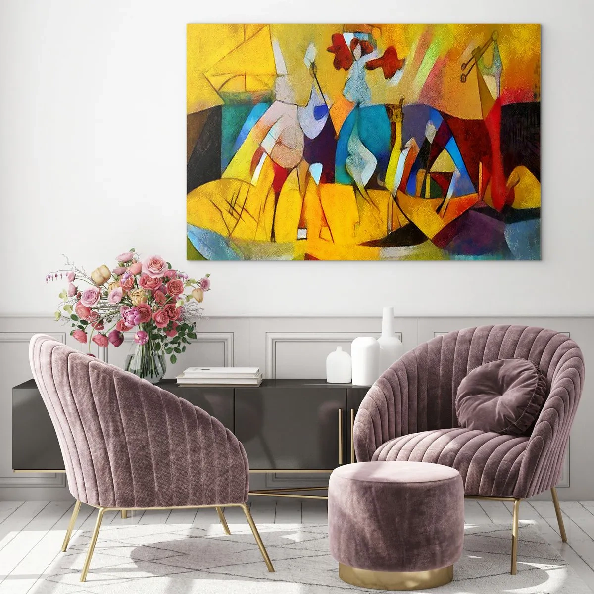 Üveg kép - Színes absztrakció figurákkal és geometriai alakzatokkal - 70x50cm - Nap - élet - boldogság - Modern fali dekoráció nappalihoz és hálószobához ARTTOR
