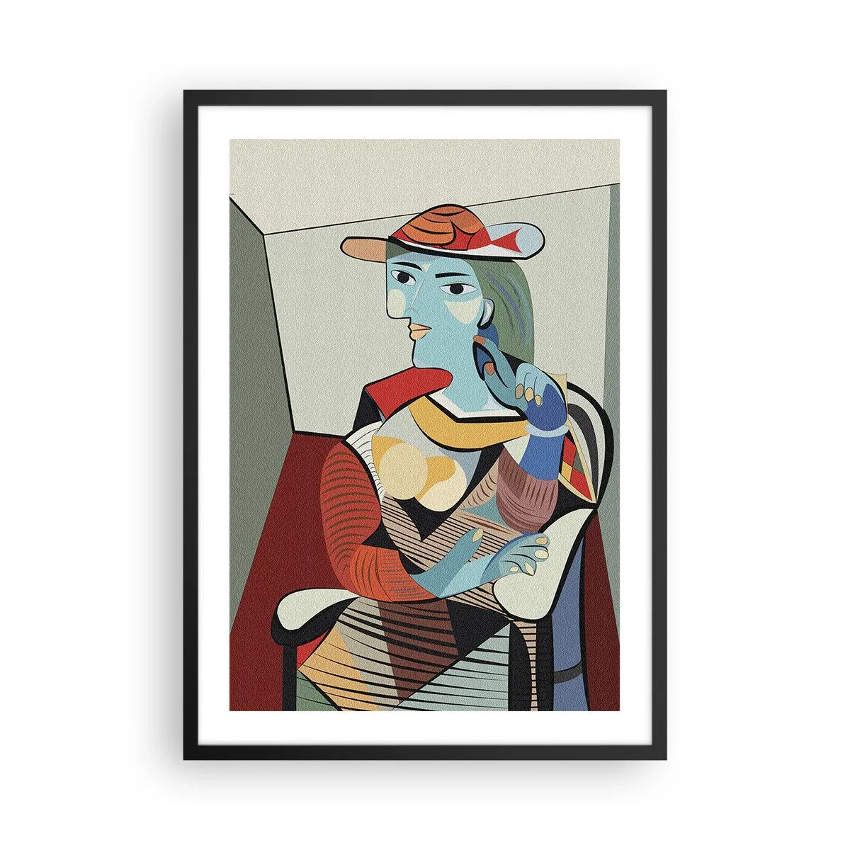 Poszter fehér keretben - Kubista portré egy kalapban lévő nőről - 50x70cm - Picasso szemével - Modern fali dekoráció nappalihoz és hálószobához ARTTOR