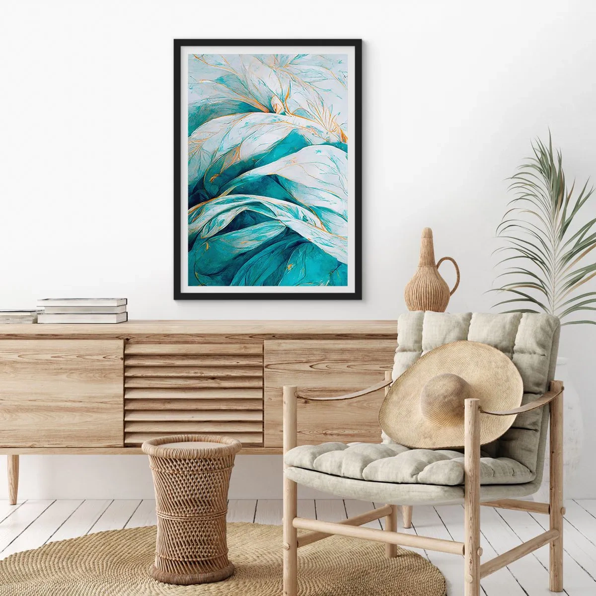 Poszter fehér keretben - Kék absztrakció arany motívummal - 70x100 cm