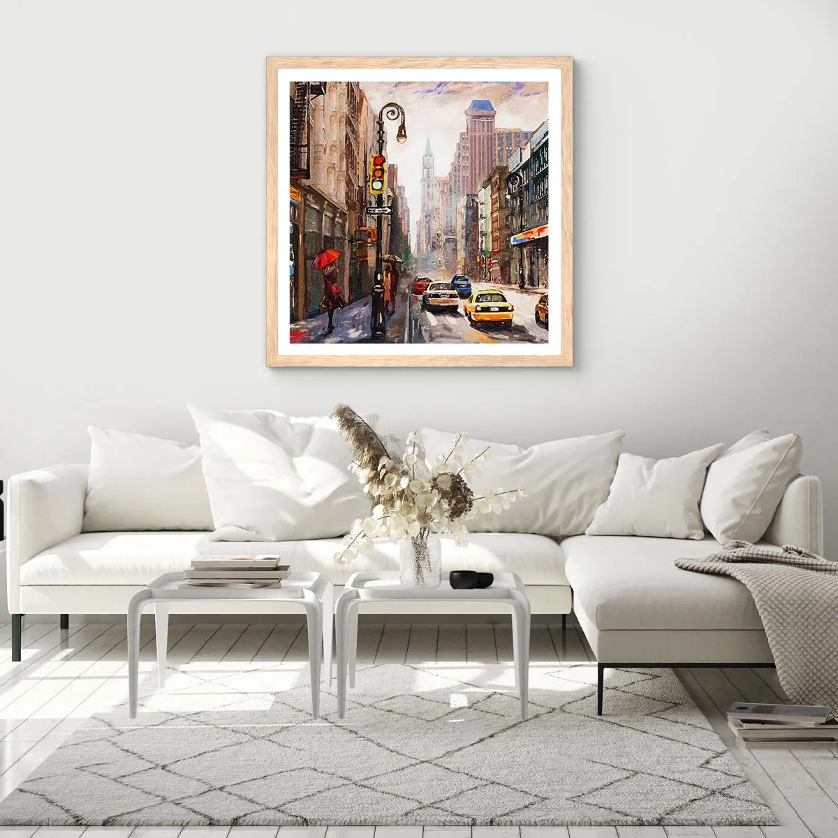 Poszter világos tölgy keretben - New York – esőben is színes - 50x50 cm