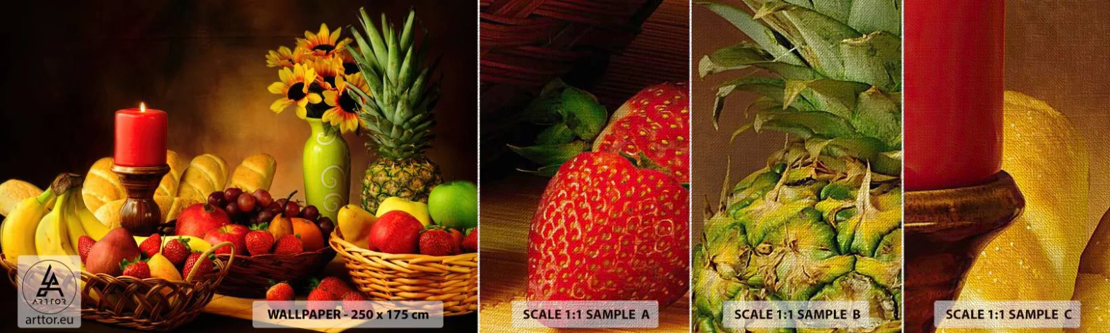 Fotótapéta Minta Premium Canvas - Csendélet kenyérrel és gyümölccsel - Gasztronómia, Virágok, Gyümölcs - 100x30 cm