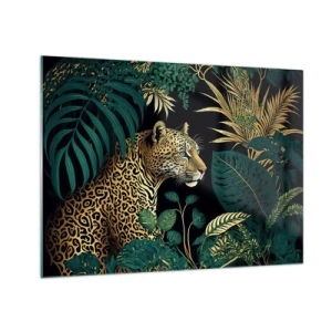 Üveg kép - Egy leopárd trópusi levelek között sötét háttér előtt - 70x50cm - A házigazda a dzsungelben - Modern fali dekoráció nappalihoz és hálószobához ARTTOR