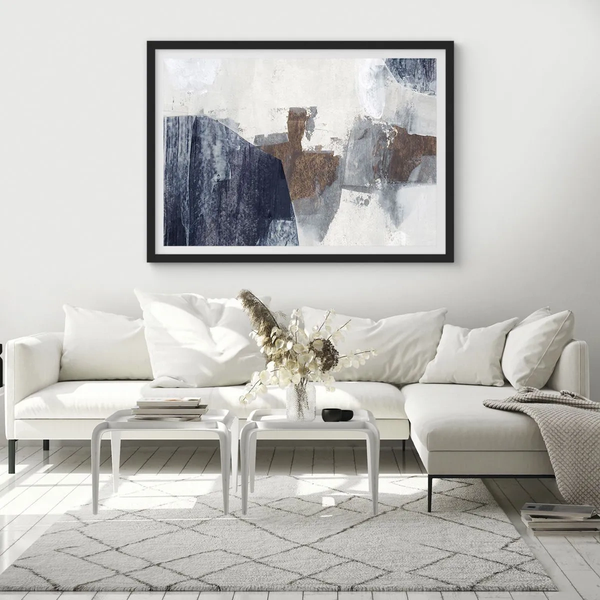 Poszter fehér keretben - Kékes barna formák - 70x50 cm