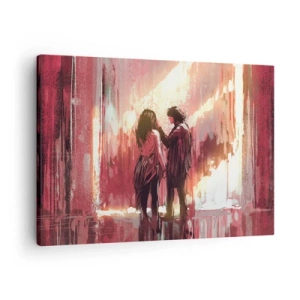 Vászonkép - Egy pár áll meleg fényben, absztrakt minták hátterében. - 70x50cm - A szerelem örök látványa - Modern fali dekoráció nappalihoz és hálószobához ARTTOR