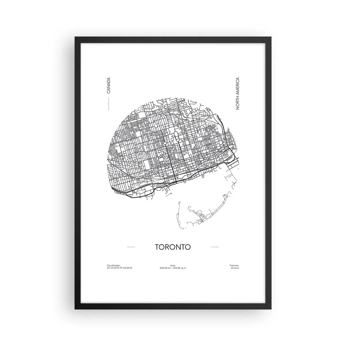 Poszter fehér keretben - Egy minimalista fekete-fehér térkép Toronto városáról - 50x70cm - Toronto anatómiája - Modern fali dekoráció nappalihoz és hálószobához ARTTOR