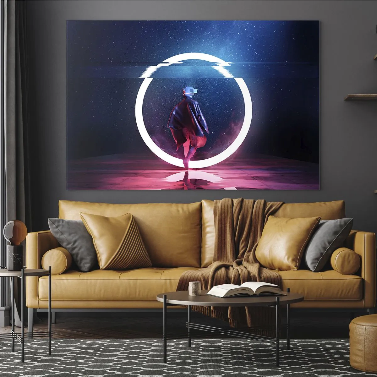 Üveg kép - Egy alak futurisztikus környezetben, neongyűrűvel - 70x50cm - Világok között - Modern fali dekoráció nappalihoz és hálószobához ARTTOR