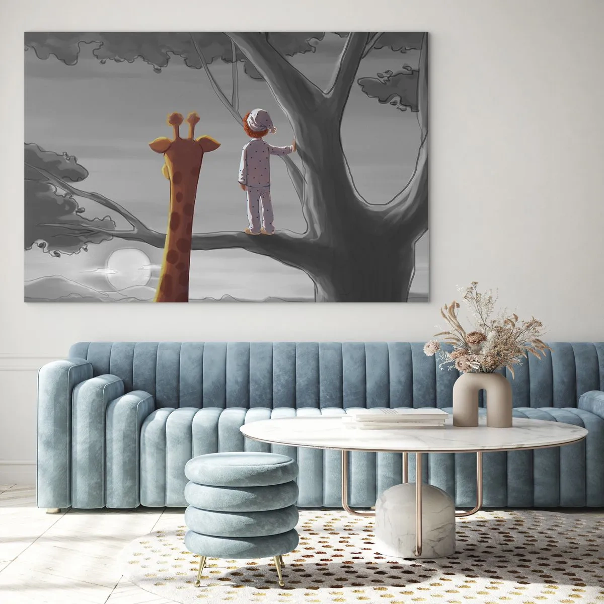 Üveg kép - Egy pizsamás gyerek és egy zsiráf egy fáról nézik a naplementét. - 70x50cm - Ez tényleg történik - Modern fali dekoráció nappalihoz és hálószobához ARTTOR