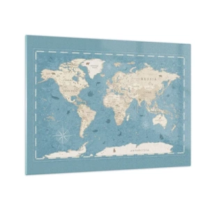 Üveg kép - Stilizált világtérkép kék háttérrel - 70x50cm - Egy világ karnyújtásnyira - Modern fali dekoráció nappalihoz és hálószobához ARTTOR
