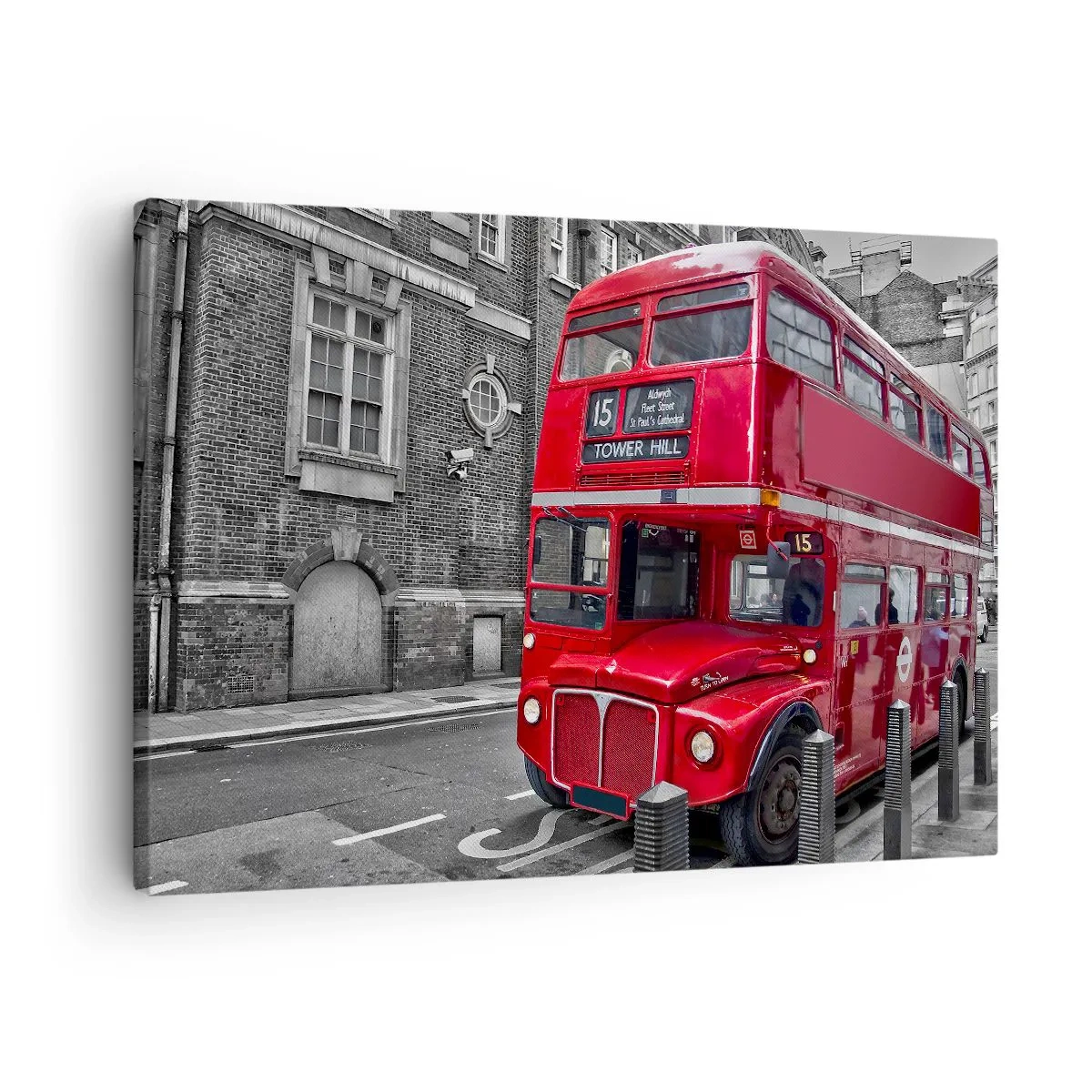 Vászonkép - Egy piros emeletes busz Londonban, klasszikus építészet hátterében - 70x50cm - Mindig ugyan olyan - Modern fali dekoráció nappalihoz és hálószobához ARTTOR
