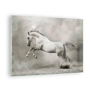 Üveg kép - Egy fehér ló ugrik a felhők ellen - 70x50cm - Ébredés és alvás között - Modern fali dekoráció nappalihoz és hálószobához ARTTOR