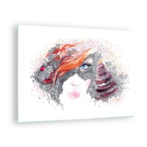 Üveg kép - Dinamikus mintákkal és piros díszítéssel rendelkező nő portréja - 70x50cm - Vele minden nap ünnep - Modern fali dekoráció nappalihoz és hálószobához ARTTOR