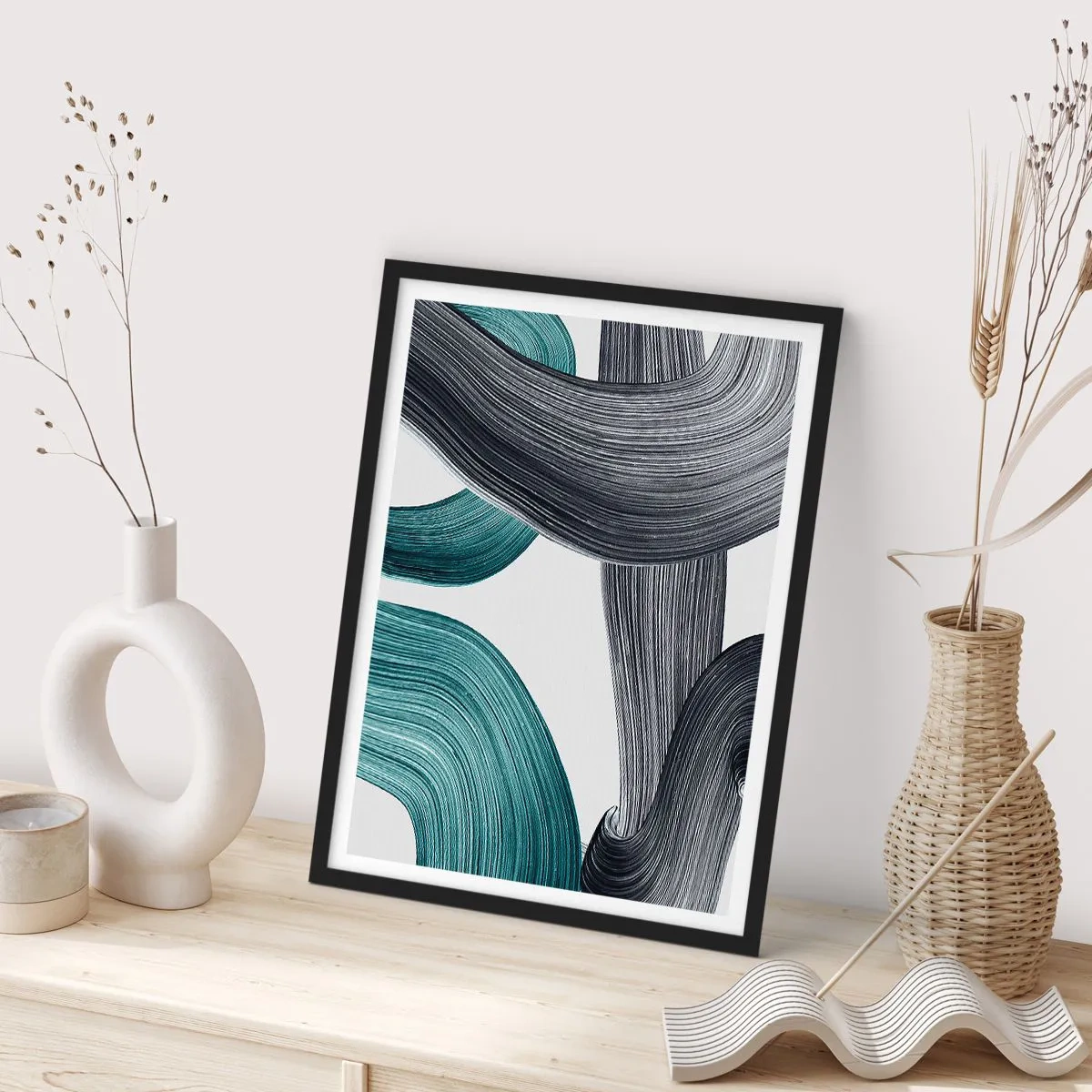 Poszter fehér keretben - Smaragdzöld és fekete nyomok - 70x100 cm