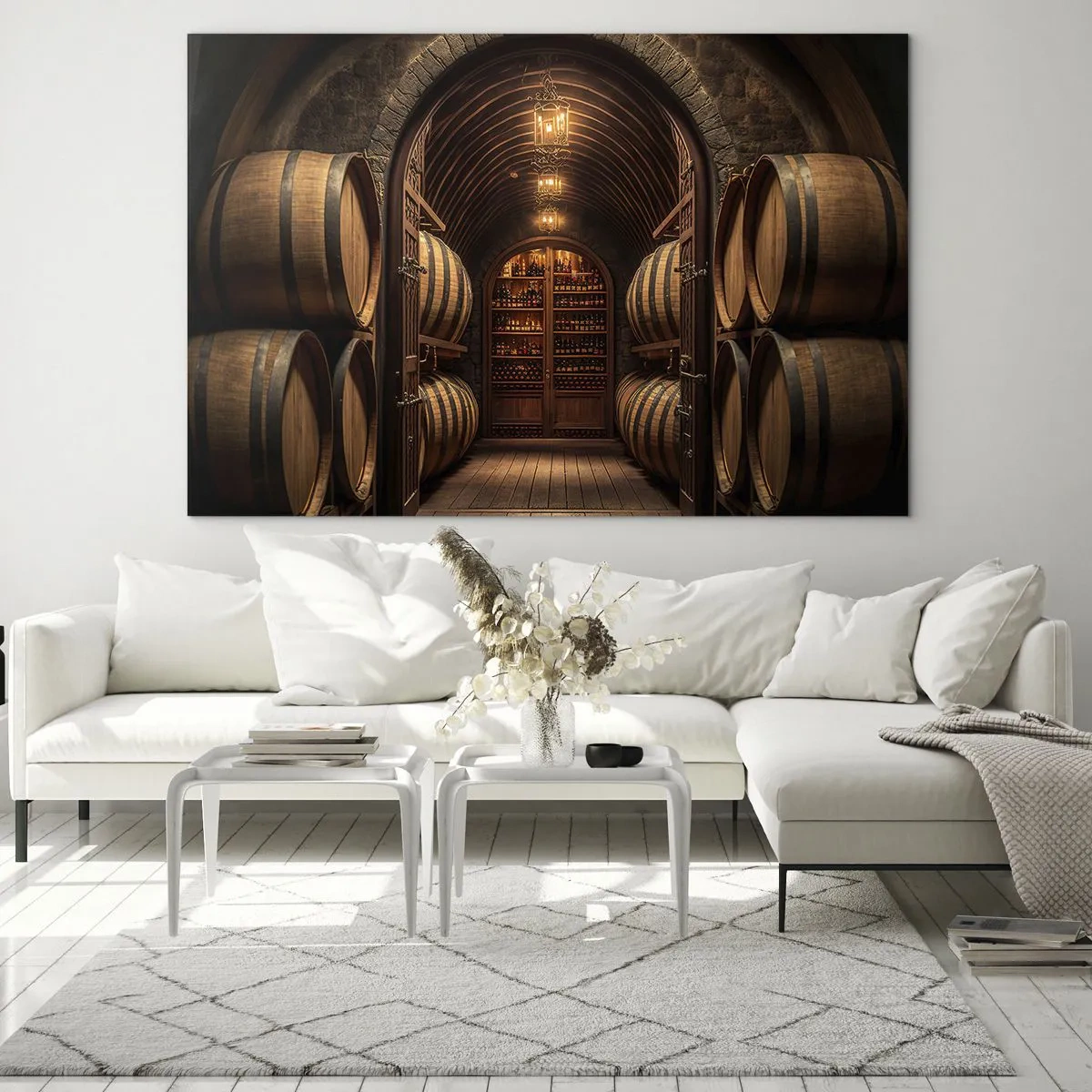 Üveg kép - Egy szőlőskert hordókkal és egy kivilágított, palackokkal teli pincével - 70x50cm - Hangulatos pince - Modern fali dekoráció nappalihoz és hálószobához ARTTOR