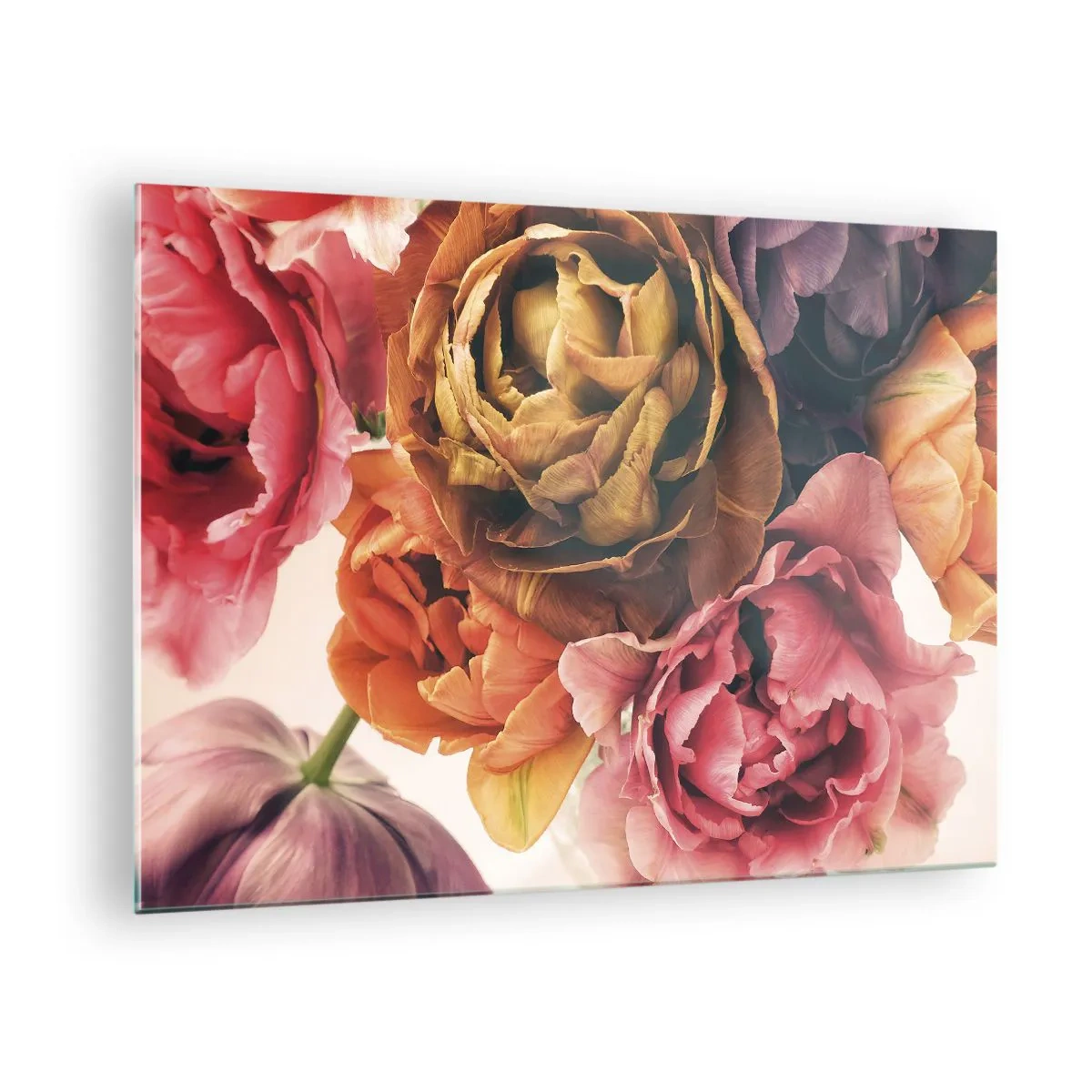 Üveg kép - Egy csokor többszínű virág közeli képe - 70x50cm - Az élet ünnepe - Modern fali dekoráció nappalihoz és hálószobához ARTTOR