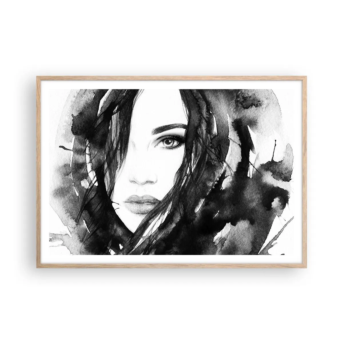 Poszter világos tölgy keretben - Fekete-fehér hölgy portréja - 100x70 cm
