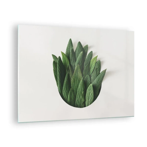 Üveg kép - Zöld levelek váza alakban elrendezve fehér alapon - 70x50cm - Féktelen kíváncsiság - Modern fali dekoráció nappalihoz és hálószobához ARTTOR