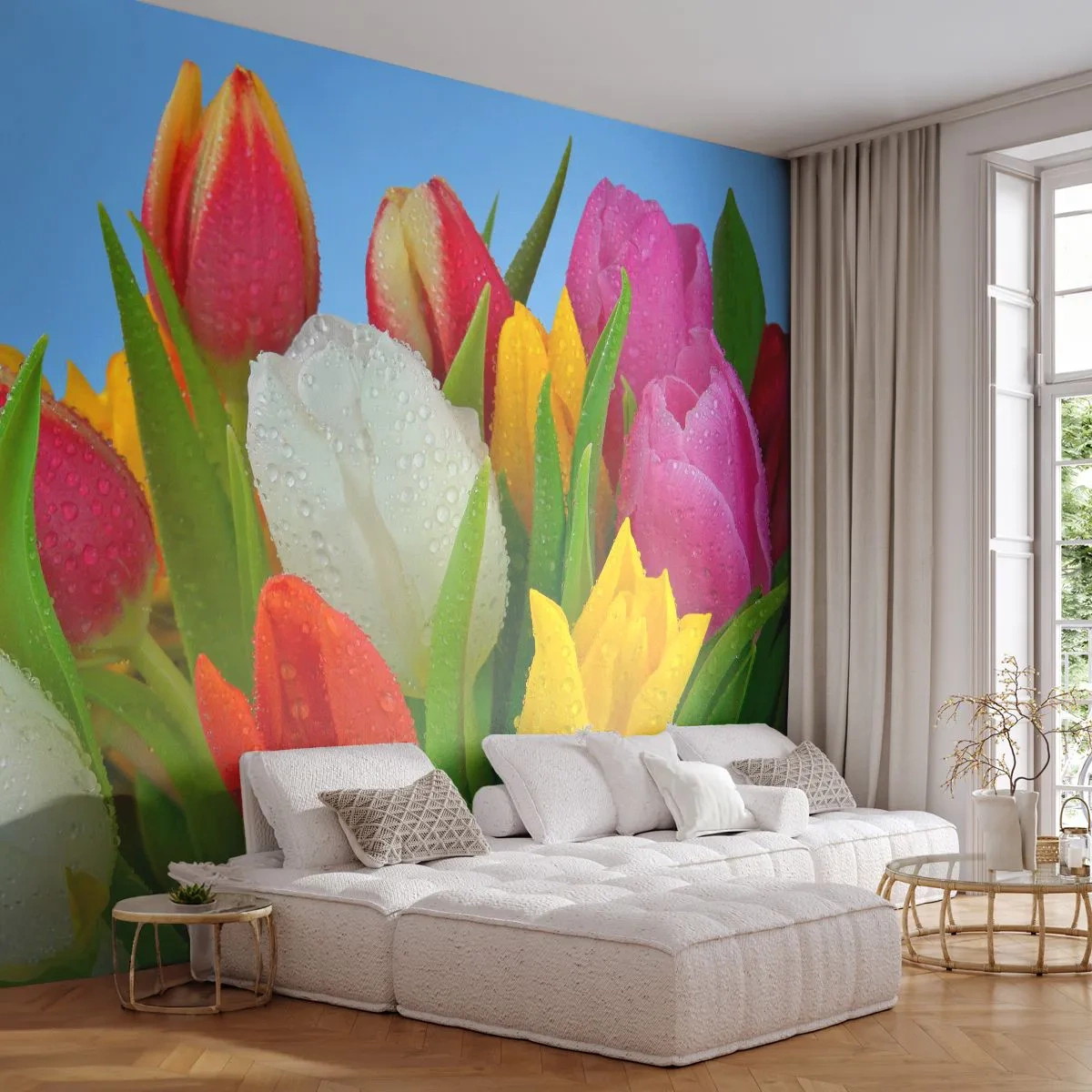 Fotótapéta Premium Sand - Virágos szivárvány harmatcseppekben - Tulipánok, Virágok, Csokor virág - 100x70 cm