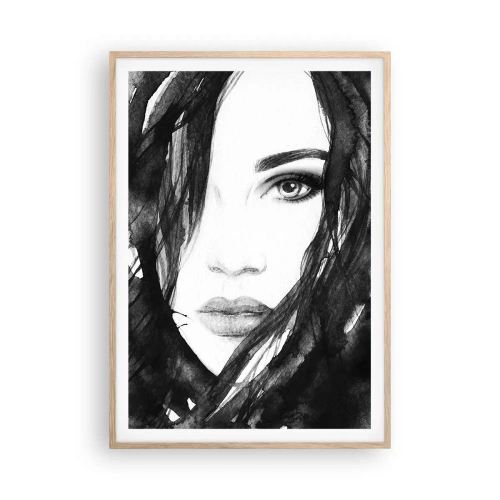 Poszter világos tölgy keretben - Fekete-fehér hölgy portréja - 70x100 cm