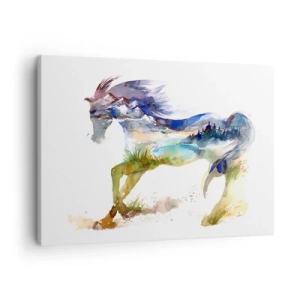 Vászonkép - Akvarell egy lóról, sziluettben hegyi tájjal - 70x50cm - A rétről egyenesen a mennybe - Modern fali dekoráció nappalihoz és hálószobához ARTTOR