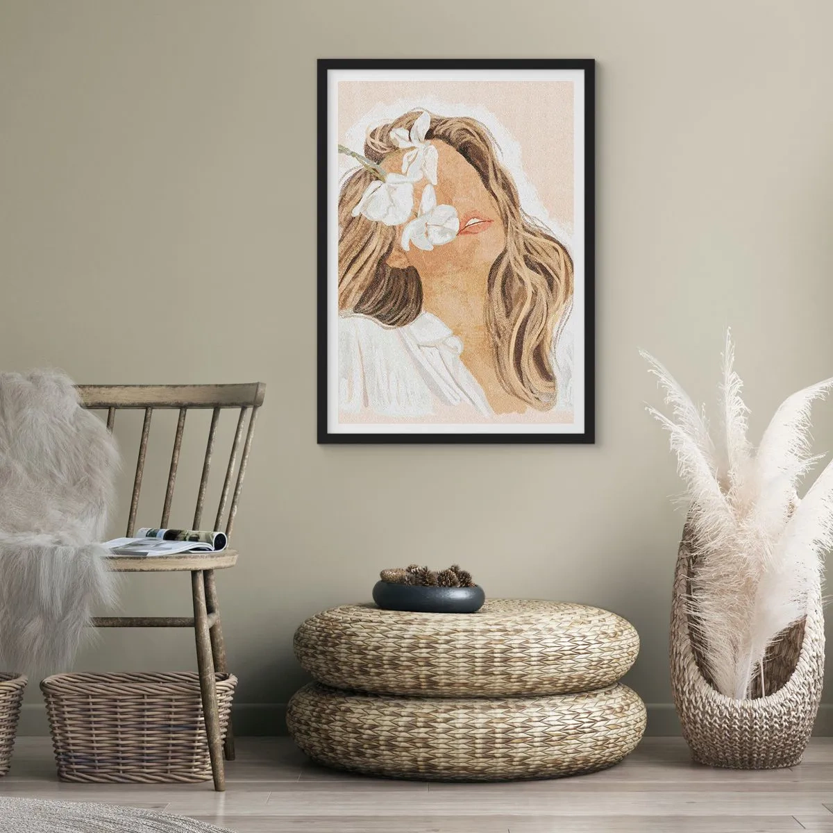 Poszter fehér keretben - Portré egy nőről, akinek virág borítja az arcát - 50x70cm - A virágok között ujjongva - Modern fali dekoráció nappalihoz és hálószobához ARTTOR