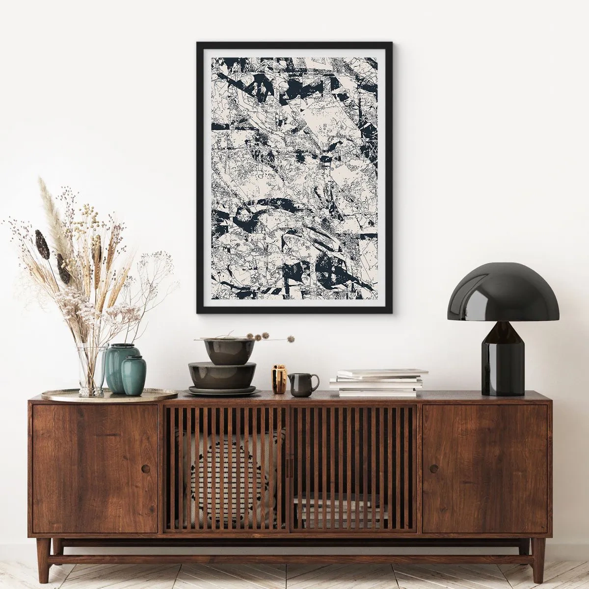 Poszter fehér keretben - Absztrakt fekete-fehér texturált kompozíció - 50x70cm - Az ellentétek egymásba fonódása - Modern fali dekoráció nappalihoz és hálószobához ARTTOR