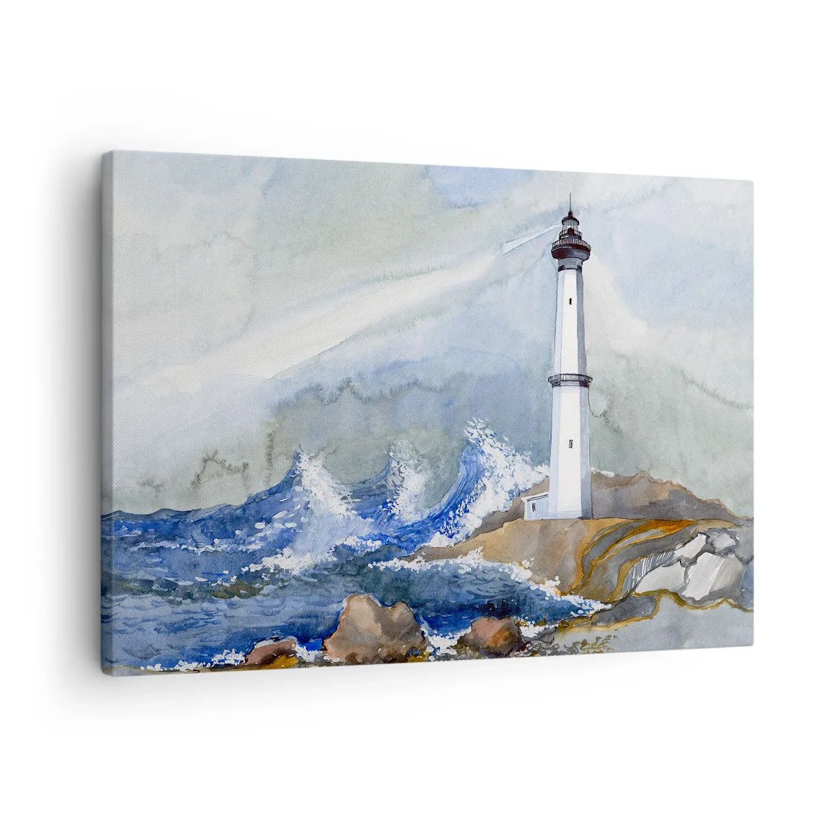 Vászonkép - Egy világítótorony egy sziklás parton, viharos tengeren - 70x50cm - A sötétséggel és a viharral szemben - Modern fali dekoráció nappalihoz és hálószobához ARTTOR