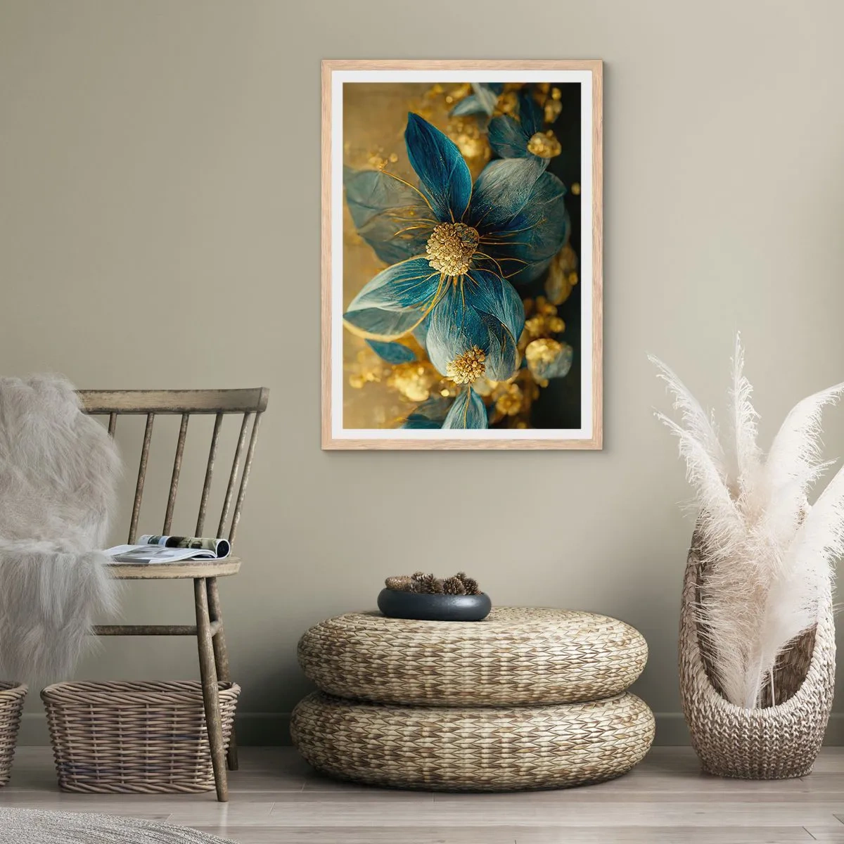 Poszter világos tölgy keretben - Aranyló virág - 30x40 cm