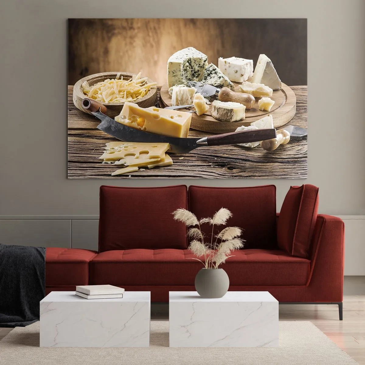 Üveg kép - Sajttál késsel rusztikus asztalon - 70x50cm - Mosolyogj a sajtra - Modern fali dekoráció nappalihoz és hálószobához ARTTOR