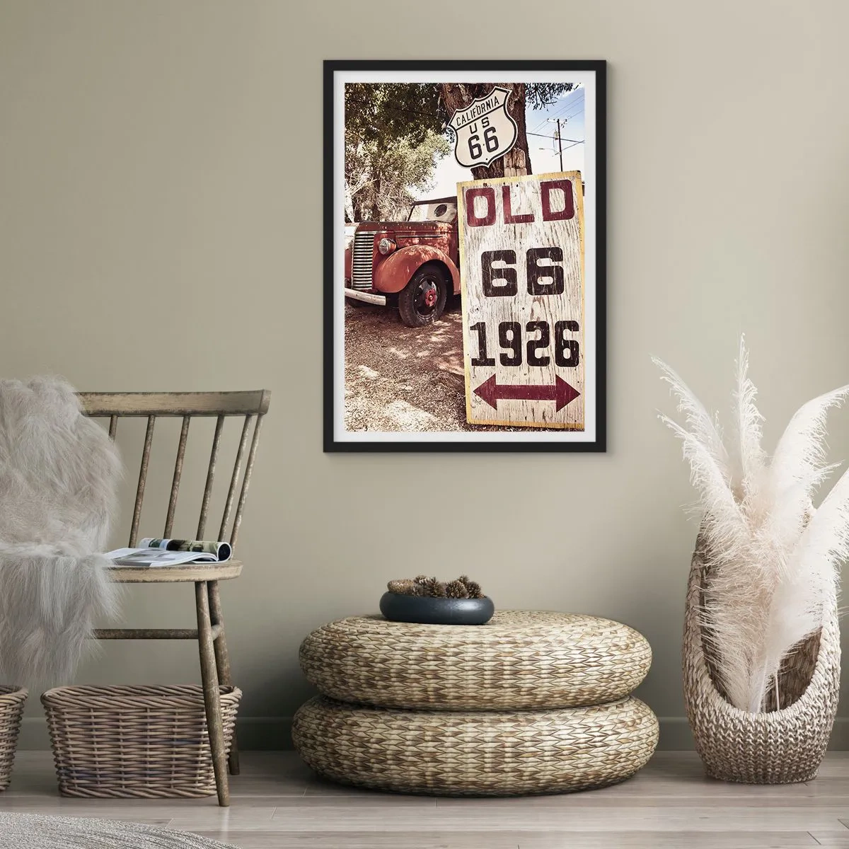 Poszter fehér keretben - Oldtimer a 66-os út táblájánál - 50x70cm - Az amerikai tartomány legendája - Modern fali dekoráció nappalihoz és hálószobához ARTTOR