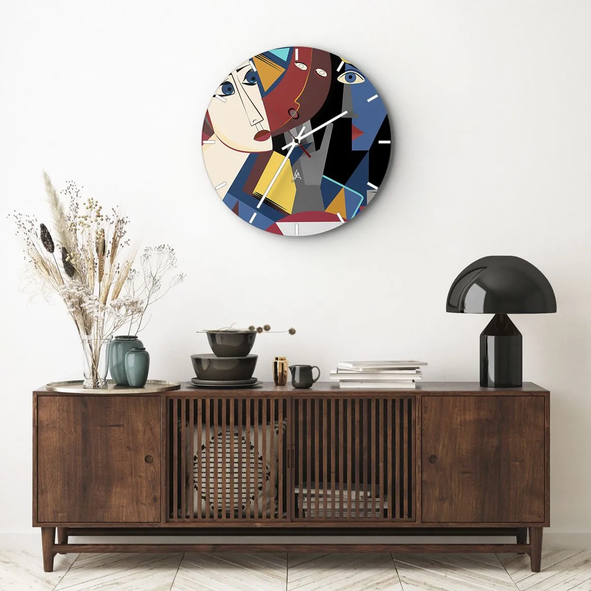 Falióra, Óra - Élénk színű kubista arcok geometrikus kompozícióban - 30x30cm - Kubisták beszélgetése - Modern fali dekoráció nappalihoz, konyhához és hálószobához ARTTOR