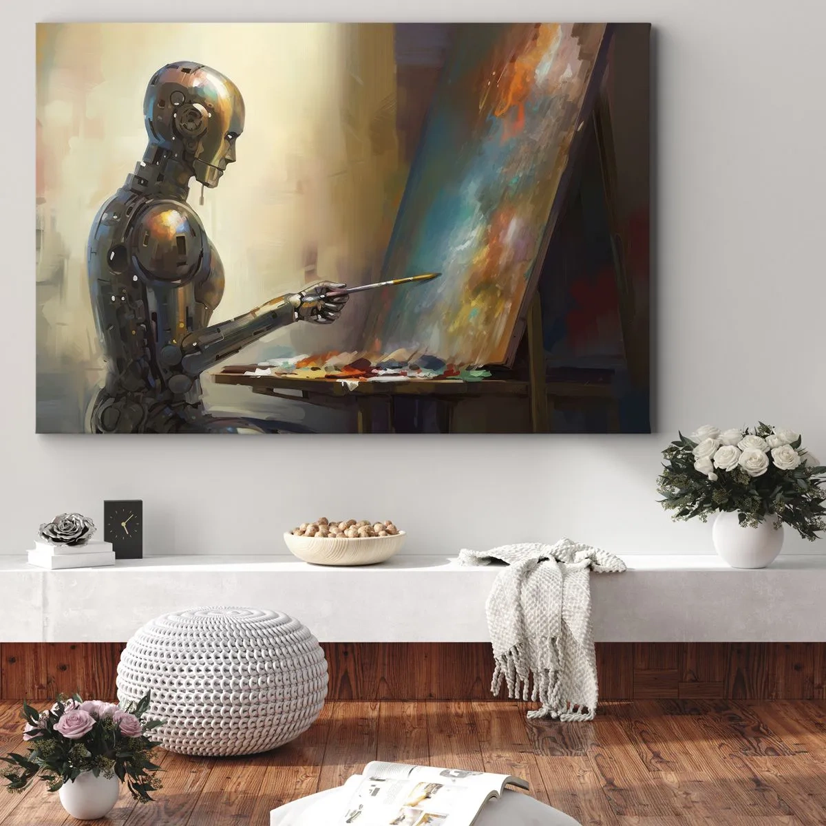 Vászonkép - Egy robot művészi stílusban fest vászonra - 70x50cm - A jövő művészete - Modern fali dekoráció nappalihoz és hálószobához ARTTOR