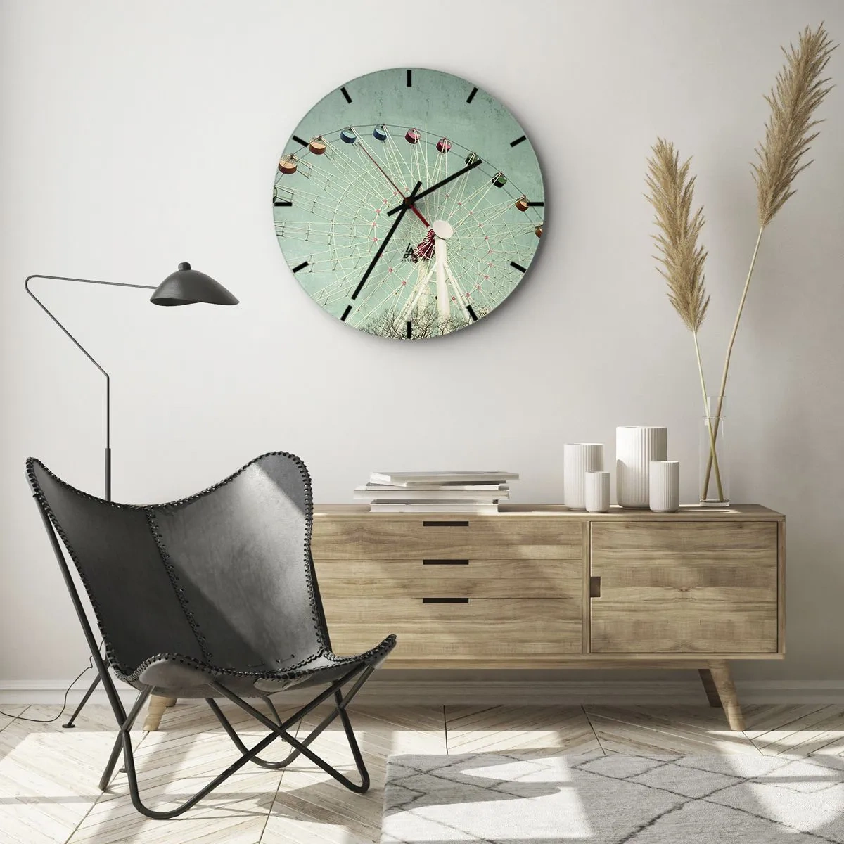 Falióra, Óra - Egy színes óriáskerék türkiz alapon - 30x30cm - Gyere játszani - Modern fali dekoráció nappalihoz, konyhához és hálószobához ARTTOR