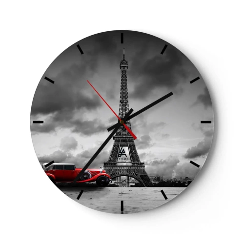 Falióra, Óra - Az Eiffel-torony egy piros retró autóval - 30x30cm - Nem olyan régen a Párizsban - Modern fali dekoráció nappalihoz, konyhához és hálószobához ARTTOR