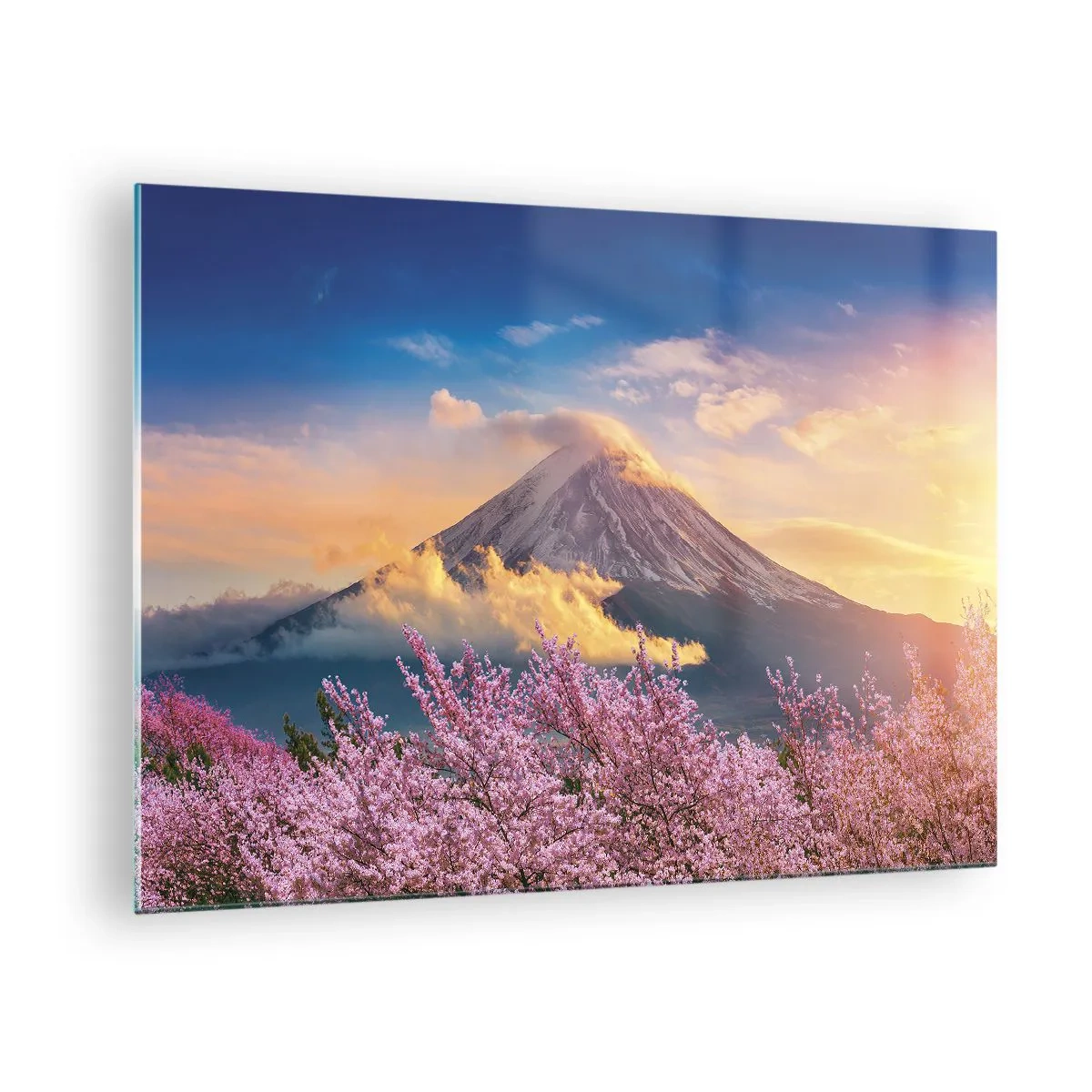 Üveg kép - A háttérben a Fuji-hegy, előtérben virágzó sakurafákkal - 70x50cm - Japán szentség - Modern fali dekoráció nappalihoz és hálószobához ARTTOR