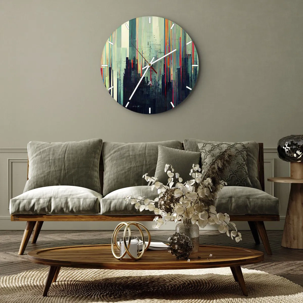 Falióra, Óra - Egy színes absztrakció függőleges vonalakkal, amelyek egy városra emlékeztetnek - 30x30cm - Futurisztikus város - Modern fali dekoráció nappalihoz, konyhához és hálószobához ARTTOR