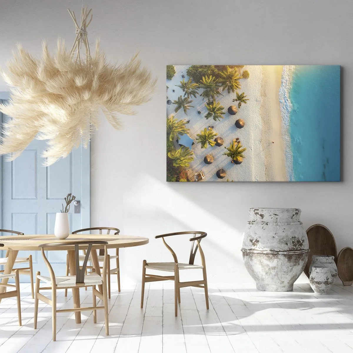 Vászonkép - Kilátás egy trópusi tengerpartra pálmafákkal és türkizkék tengerrel - 70x50cm - Üdvözöljük a paradicsomban - Modern fali dekoráció nappalihoz és hálószobához ARTTOR