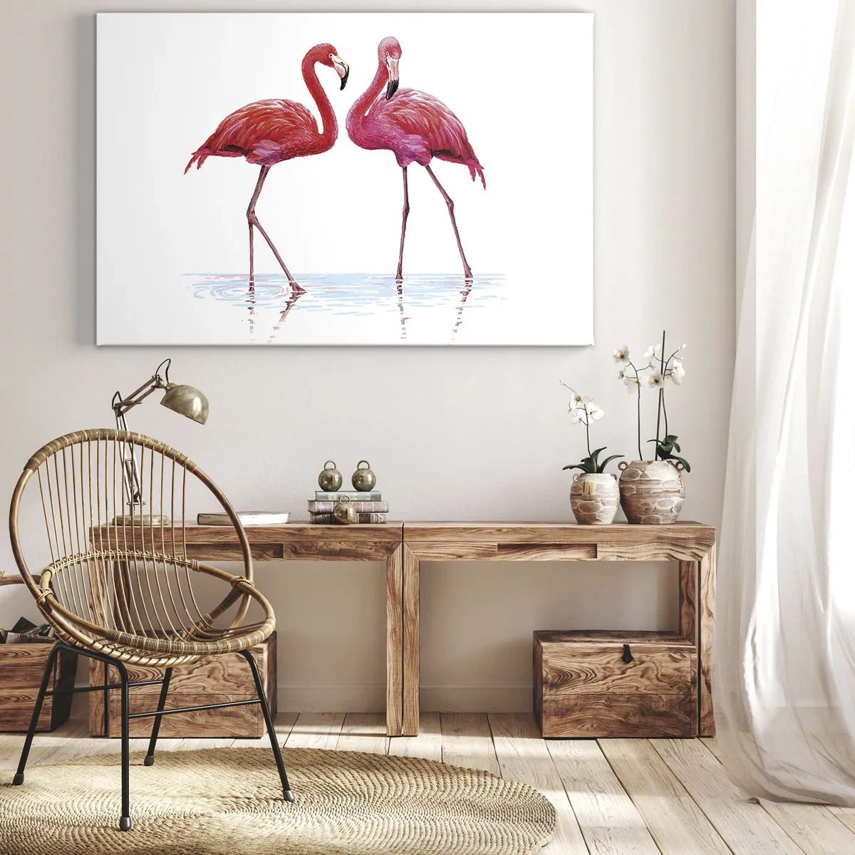 Vászonkép - Egy flamingópár a vízben, világos háttér előtt. - 70x50cm - Rozsaszín randez-vous - Modern fali dekoráció nappalihoz és hálószobához ARTTOR