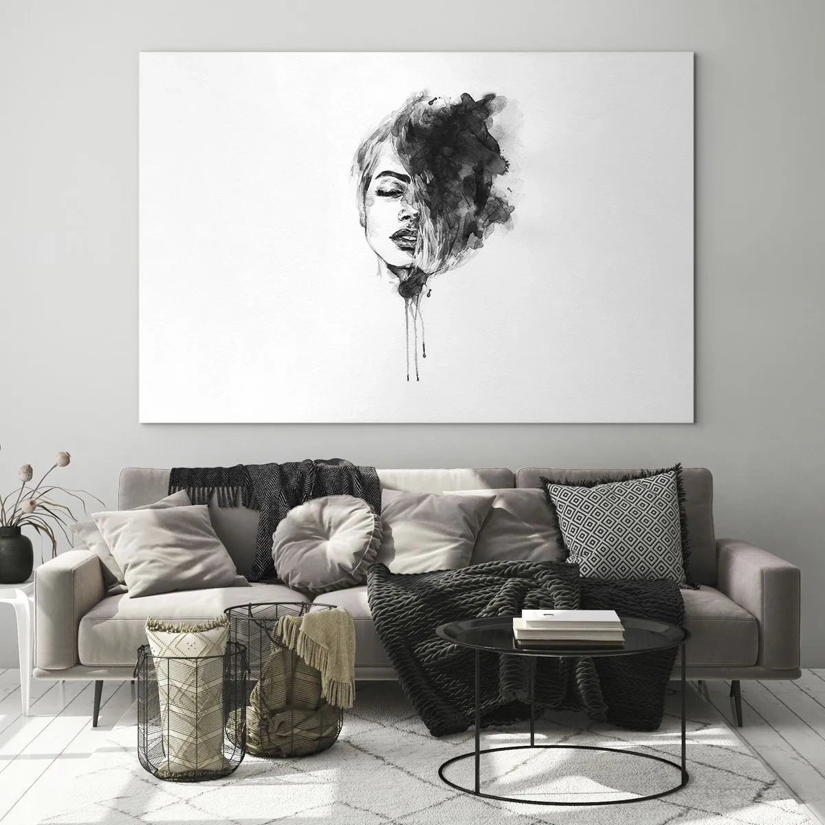Üveg kép - Fekete-fehér portré egy nőről absztrakt árnyékkal - 70x50cm - Miről álmodozik egy lány - Modern fali dekoráció nappalihoz és hálószobához ARTTOR