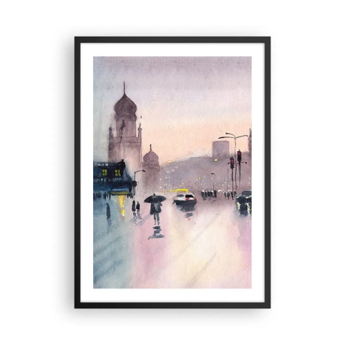 Poszter fehér keretben - Városi jelenet emberek sziluettjeivel és fényekkel az eső ködében - 50x70cm - Az esős ködben - Modern fali dekoráció nappalihoz és hálószobához ARTTOR