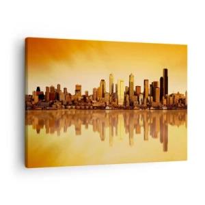 Vászonkép - Városi panoráma tükröződik a vízben naplementekor - 70x50cm - A metropolisz csendje - Modern fali dekoráció nappalihoz és hálószobához ARTTOR