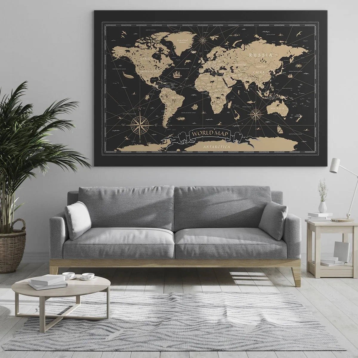 Üveg kép - Stilizált világtérkép bézs és fekete árnyalatokban - 70x50cm - A világom határai - Modern fali dekoráció nappalihoz és hálószobához ARTTOR