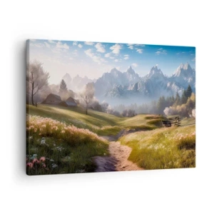 Vászonkép - Hegyi völgy rétekkel, kunyhókkal és kilátással a csúcsokra - 70x50cm - Idilli völgy - Modern fali dekoráció nappalihoz és hálószobához ARTTOR