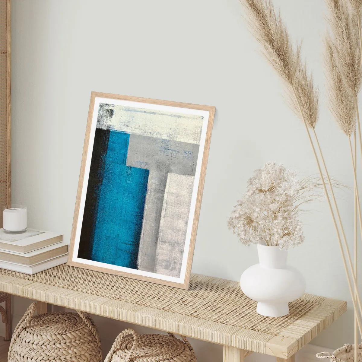 Poszter világos tölgy keretben - Szürke és kék költői kompozíció - 50x70 cm