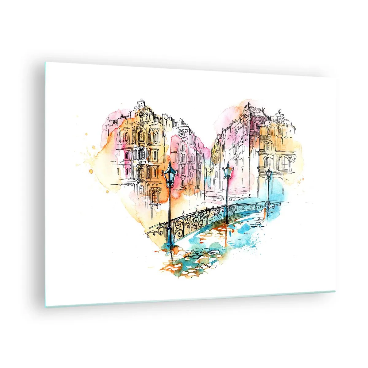 Üveg kép - Romantikus bérházak szív alakú híddal, akvarell - 70x50cm - A város szíve - Modern fali dekoráció nappalihoz és hálószobához ARTTOR